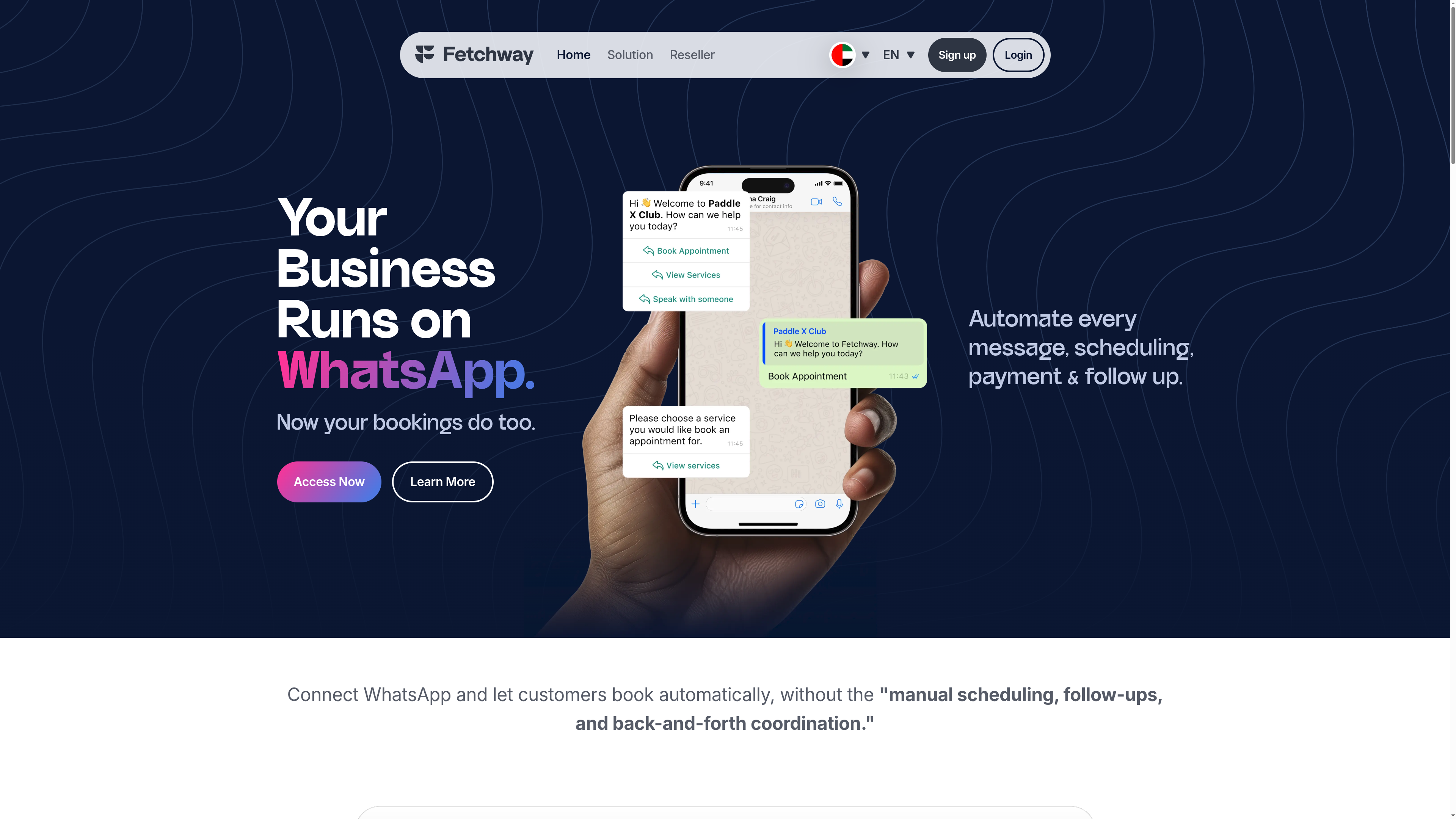 Fetchway.io homepage — WhatsApp booking automation platform, a personal product built by Mohamed Hussein