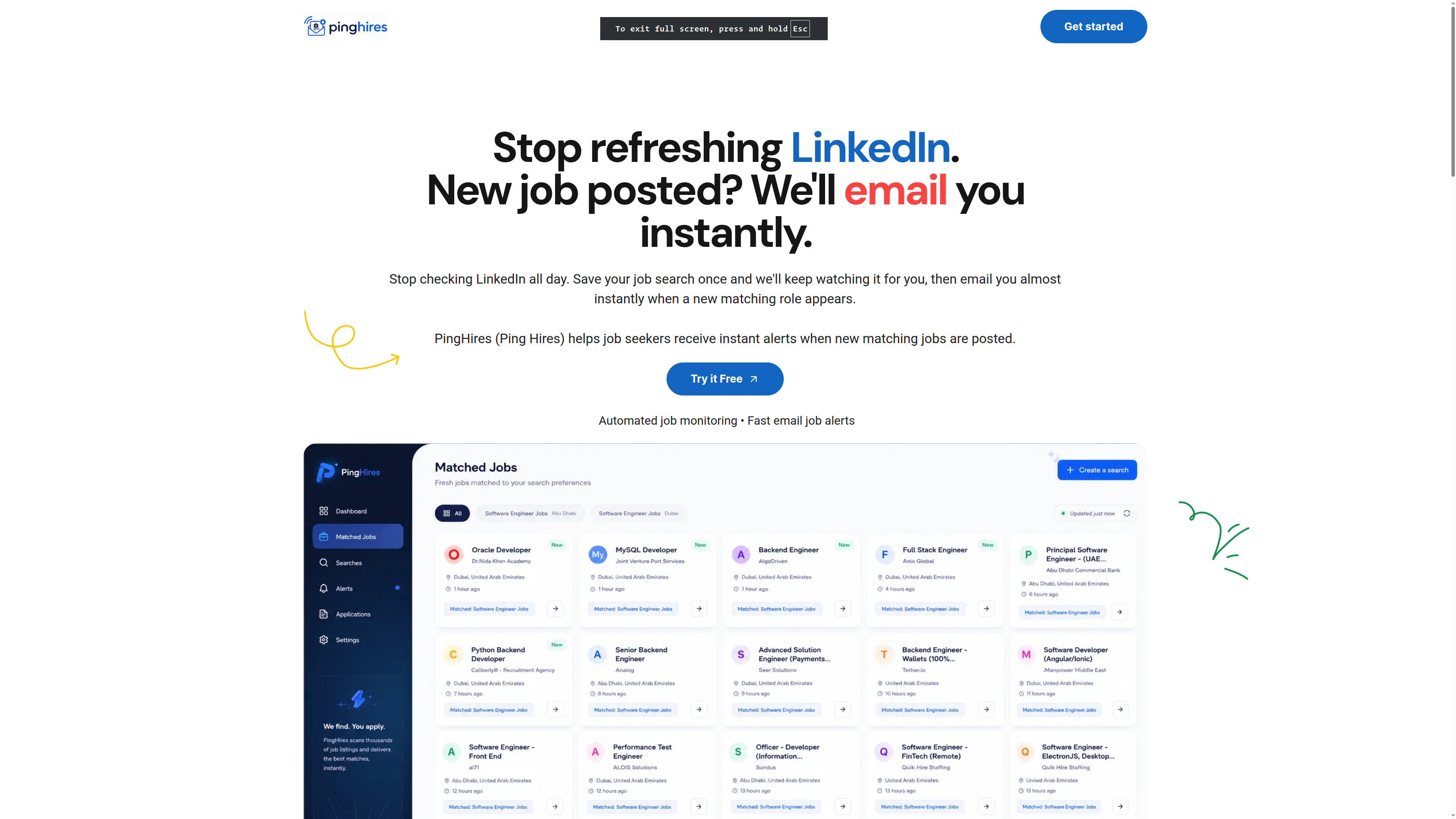 PingHires homepage — instant email job alerts platform, a personal product built by Mohamed Hussein